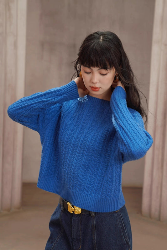 レトロケーブルニットウール混セーター　B4454