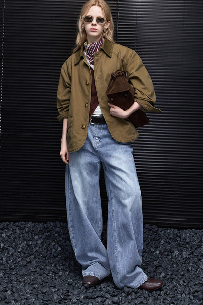 Striped Washed Wide Denim Pants B4956