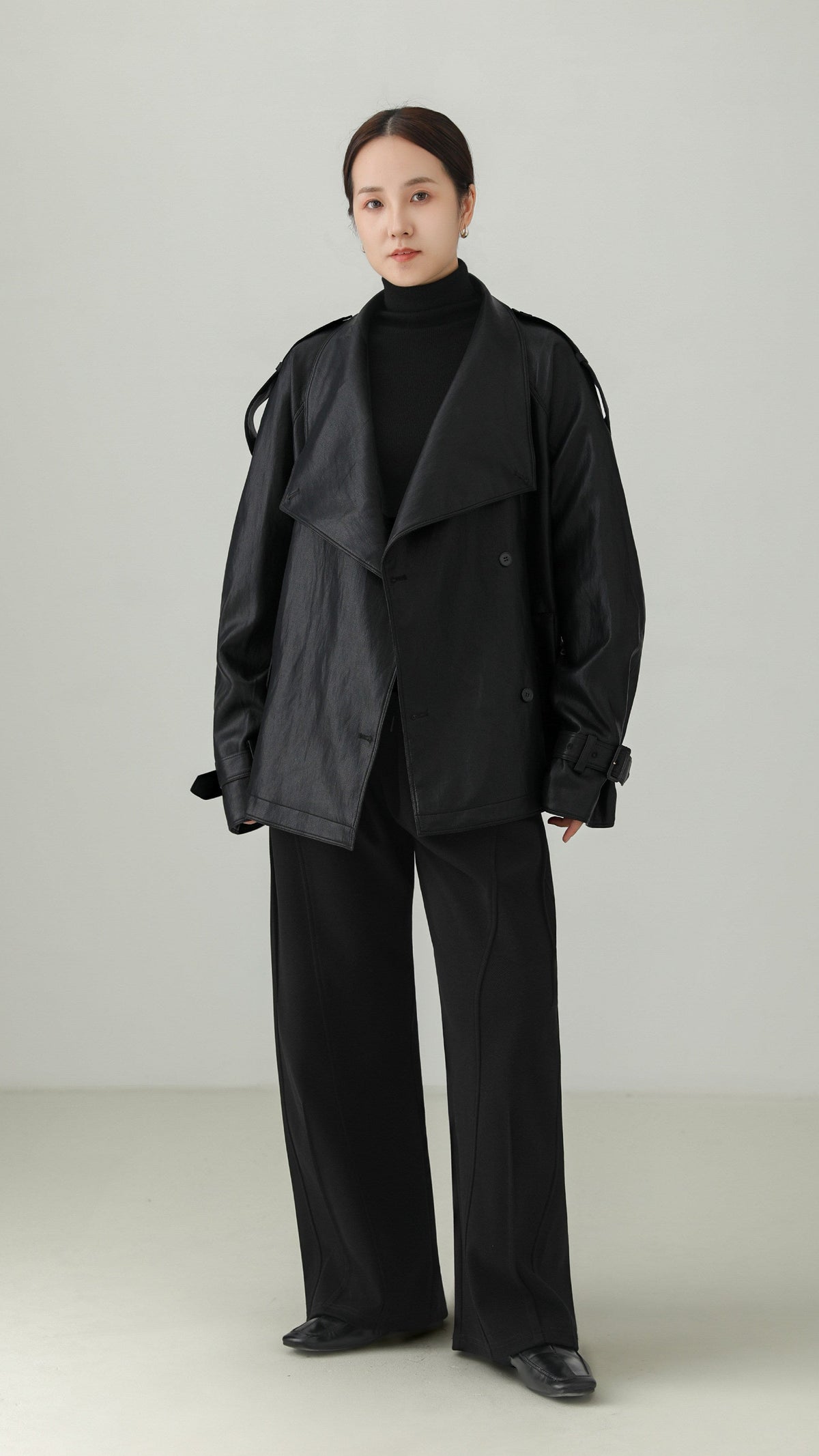 Black PU Leather Belted Stand Collar Jacket B5008