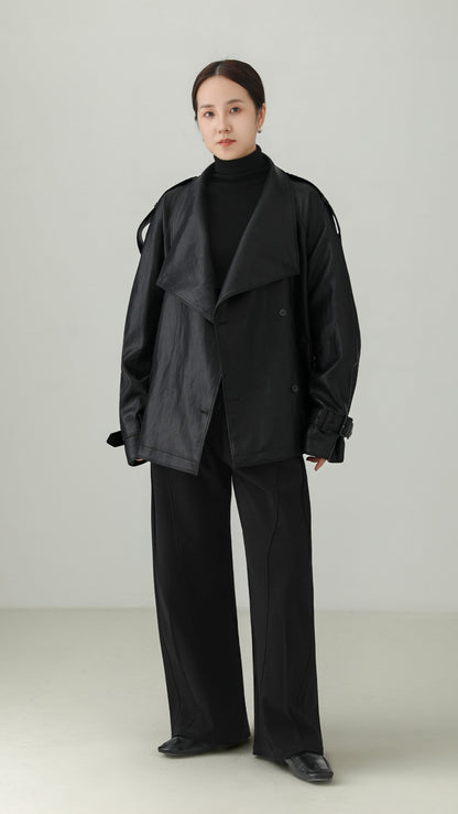 Black PU Leather Belted Stand Collar Jacket B5008