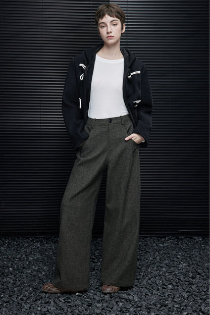 レトログリーンウール混ワイドパンツ　B4538