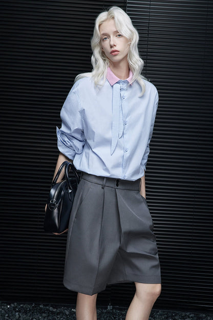 シャローブルーピュアコットンリボンシャツ　B4238