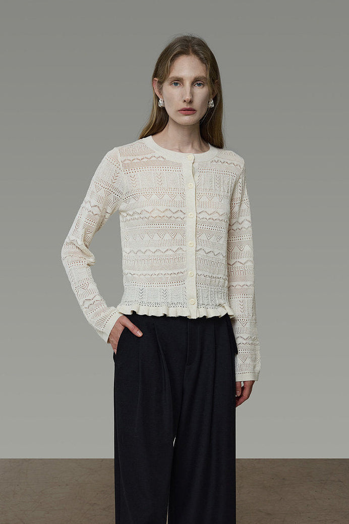 Openwork Jacquard Wave Hem Knit Cardigan B4939