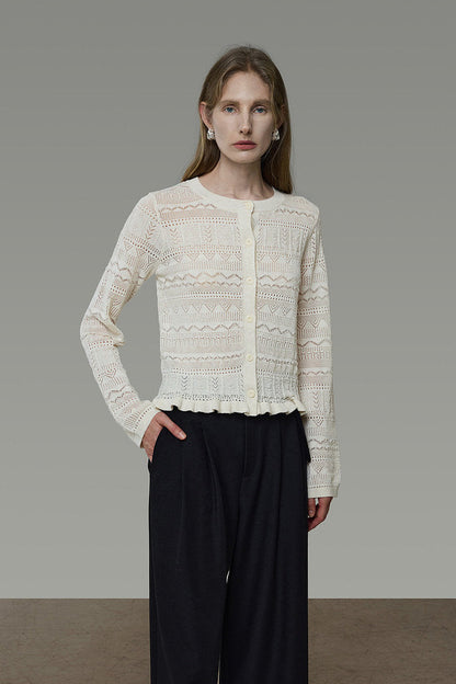 Openwork Jacquard Wave Hem Knit Cardigan B4939