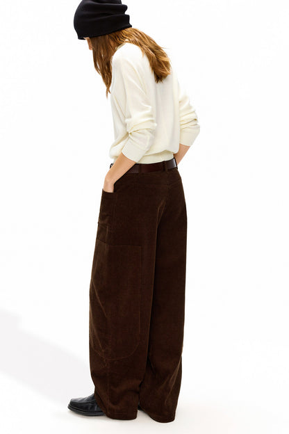 Dark brown 100% cotton corduroy wide cargo pants B5014