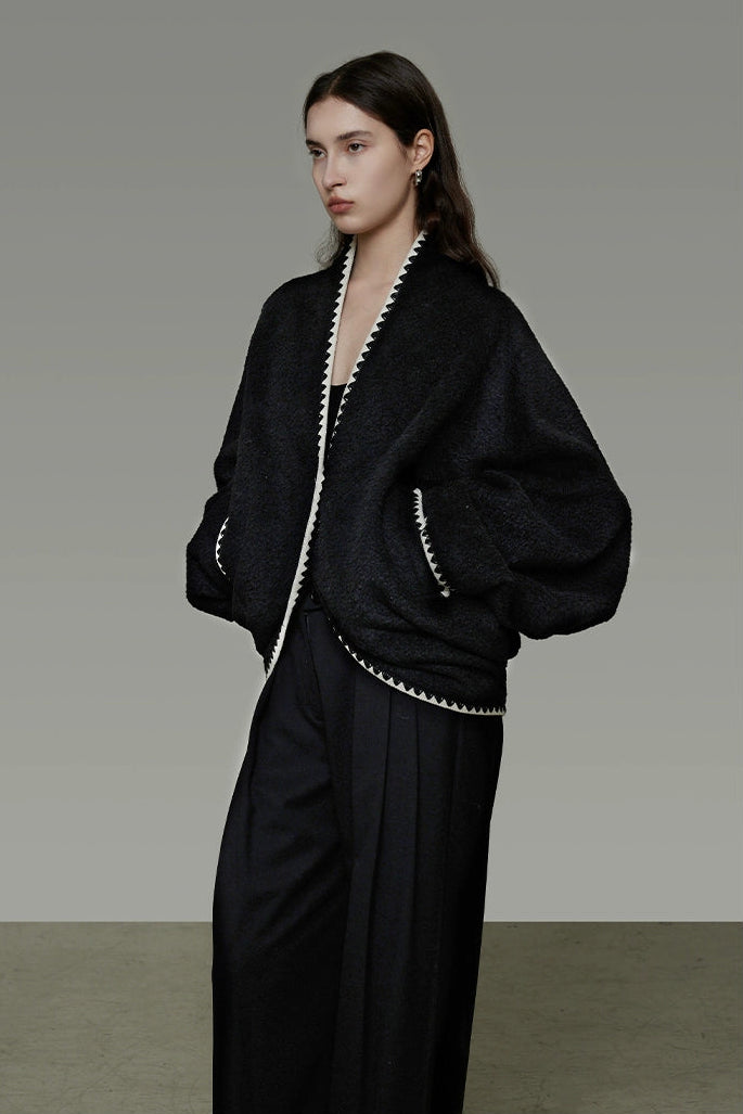 撞色落肩羊毛混紡大衣 B4489