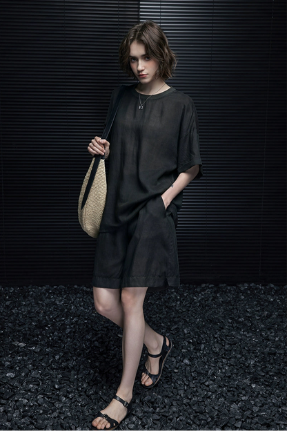 グレーグリーンリネン混ハンサムパンツ半袖Tシャツ　B3995