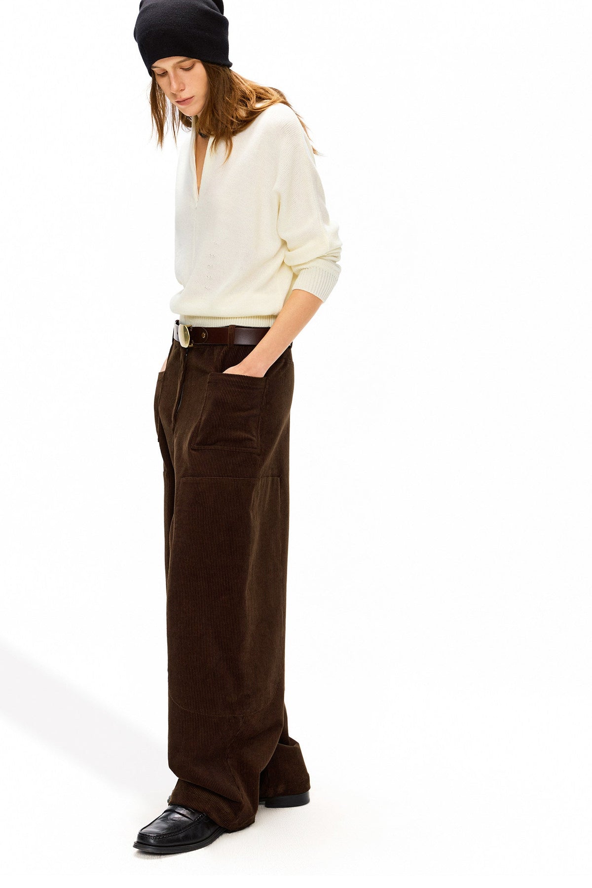 Dark brown 100% cotton corduroy wide cargo pants B5014