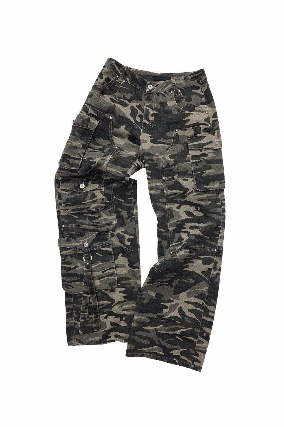 Camouflage Wash Multi-Pocket Cargo Wide Pants B4388