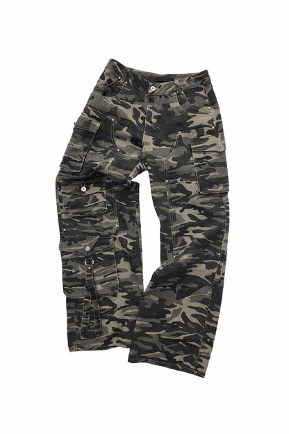 Camouflage Wash Multi-Pocket Cargo Wide Pants B4388