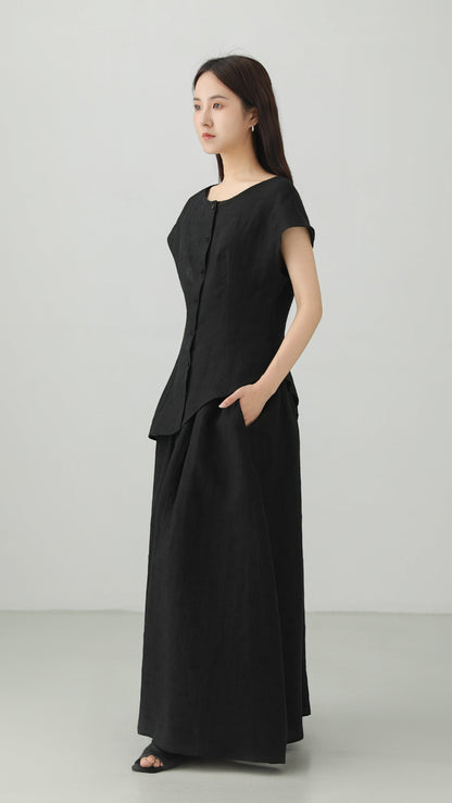 Minimal Linen Jacquard Long Skirt B4831
