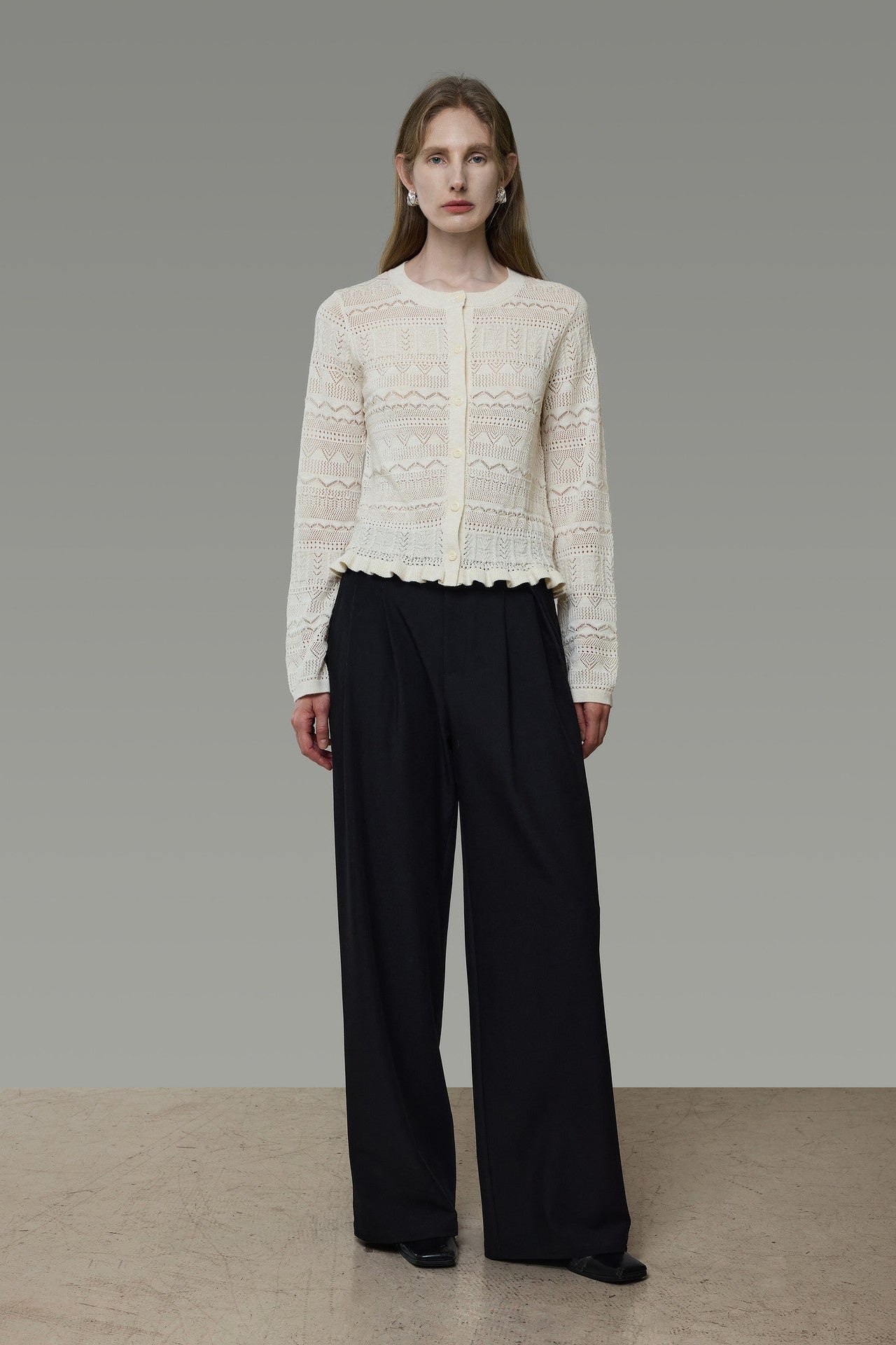 Openwork Jacquard Wave Hem Knit Cardigan B4939