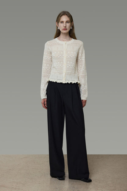 Openwork Jacquard Wave Hem Knit Cardigan B4939