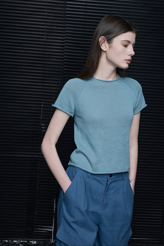 ロールエッジリネンコットンニット半袖Tシャツ　B4717