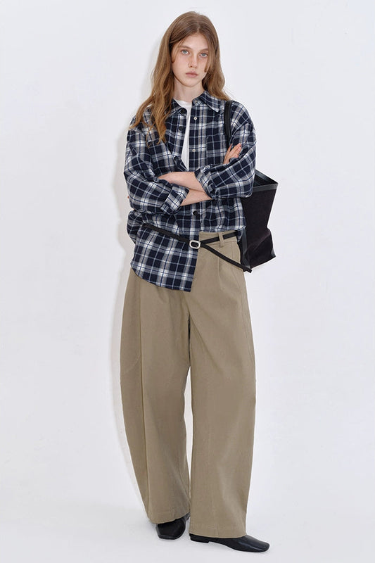 Check contrast color loose shirt B4403