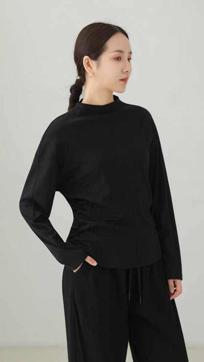 Bottleneck Side-Shirring Drape Long Sleeve T-Shirt B5001