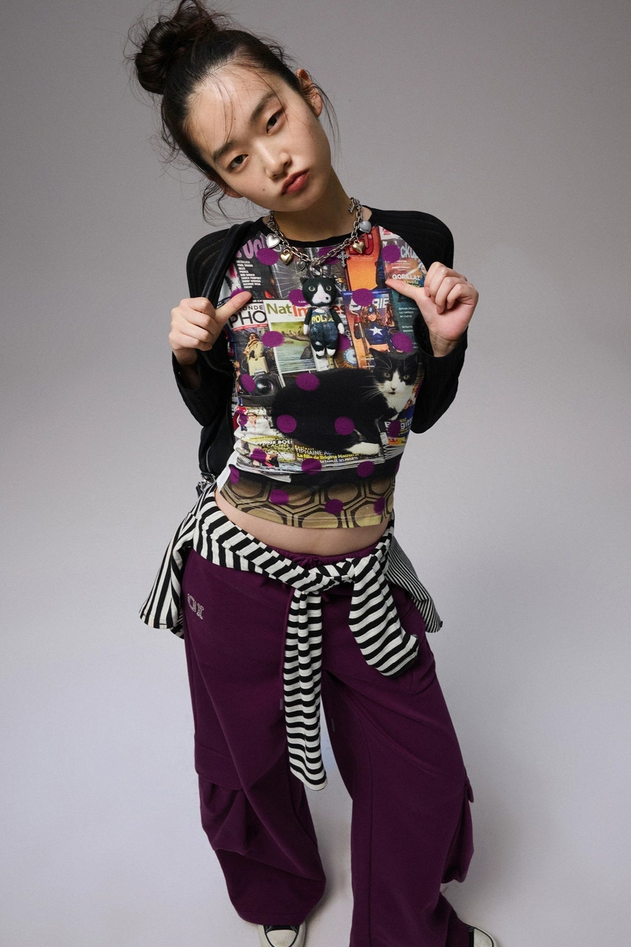 キャット＆ドッグ ドットプリントスリミングTシャツ　B4320