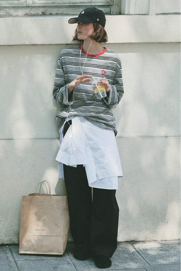 條紋撞色長袖T卹 B4215