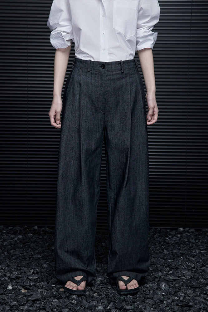 黑色牛仔寬鬆直筒懶人風褲B3951