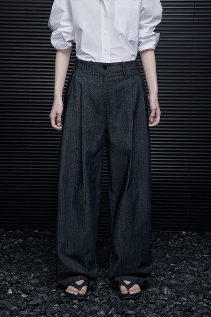 黑色牛仔寬鬆直筒懶人風褲B3951