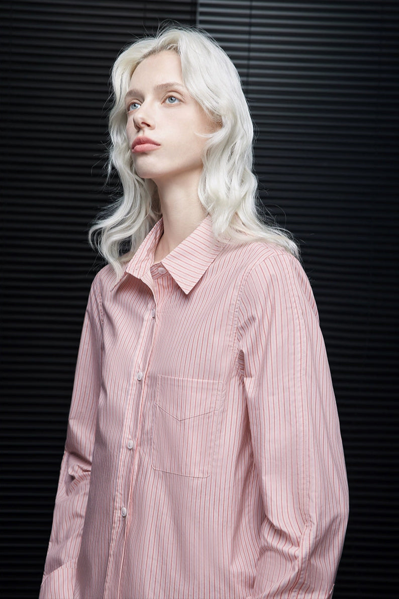 ピンクストライプピュアコットン長袖ラペルシャツ　B4225