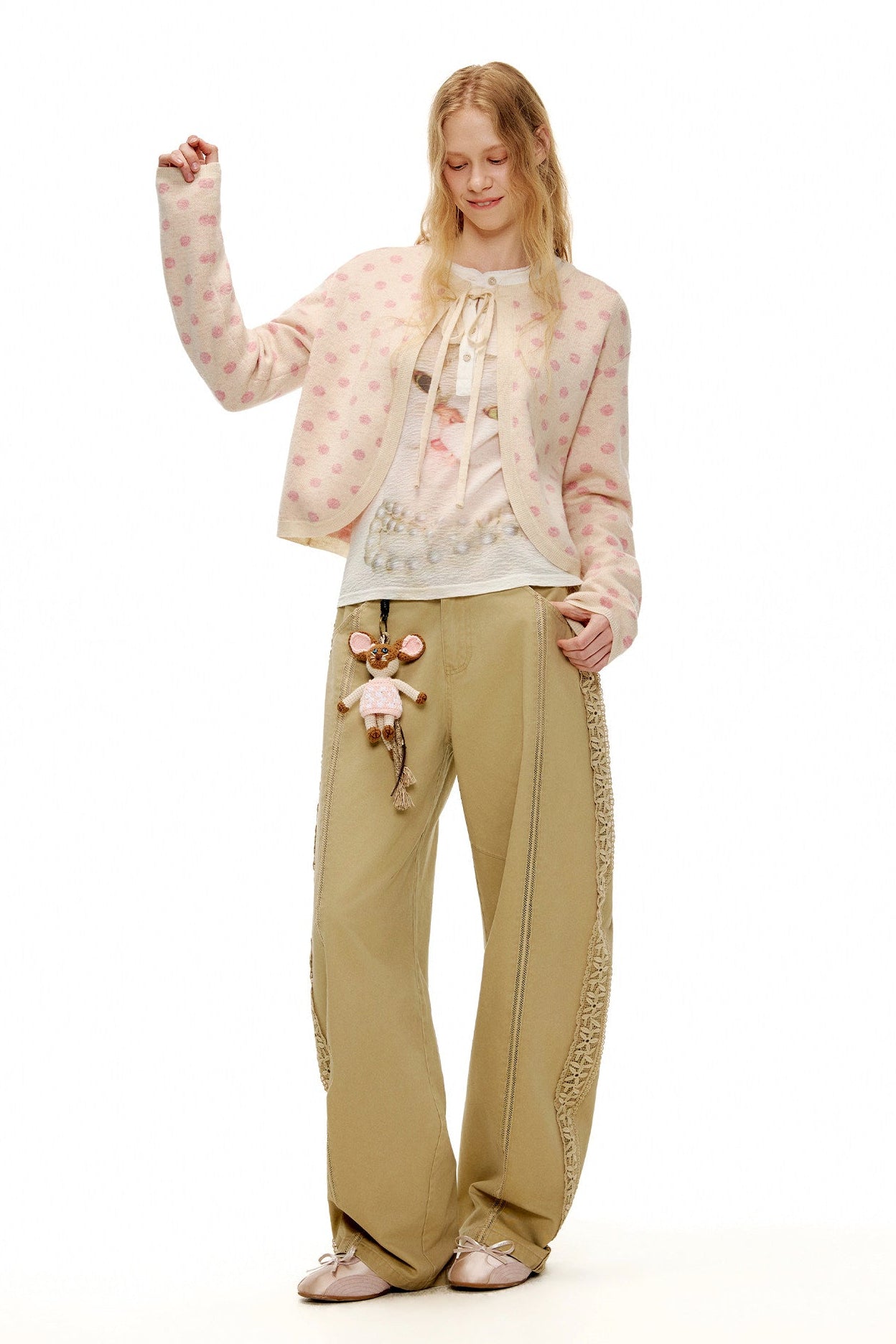 ピーチピンクジャガードドットカーディガン・スカート　B4596