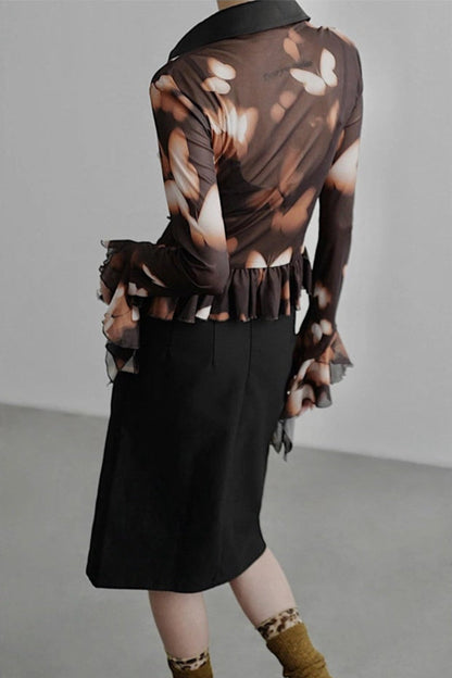 蝴蝶印花腰部荷葉邊襯衫 B4257