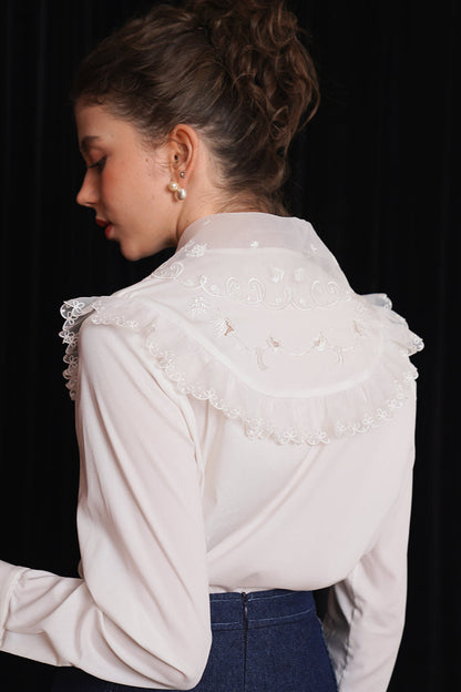 白色蕾絲雙領繡上衣B3755