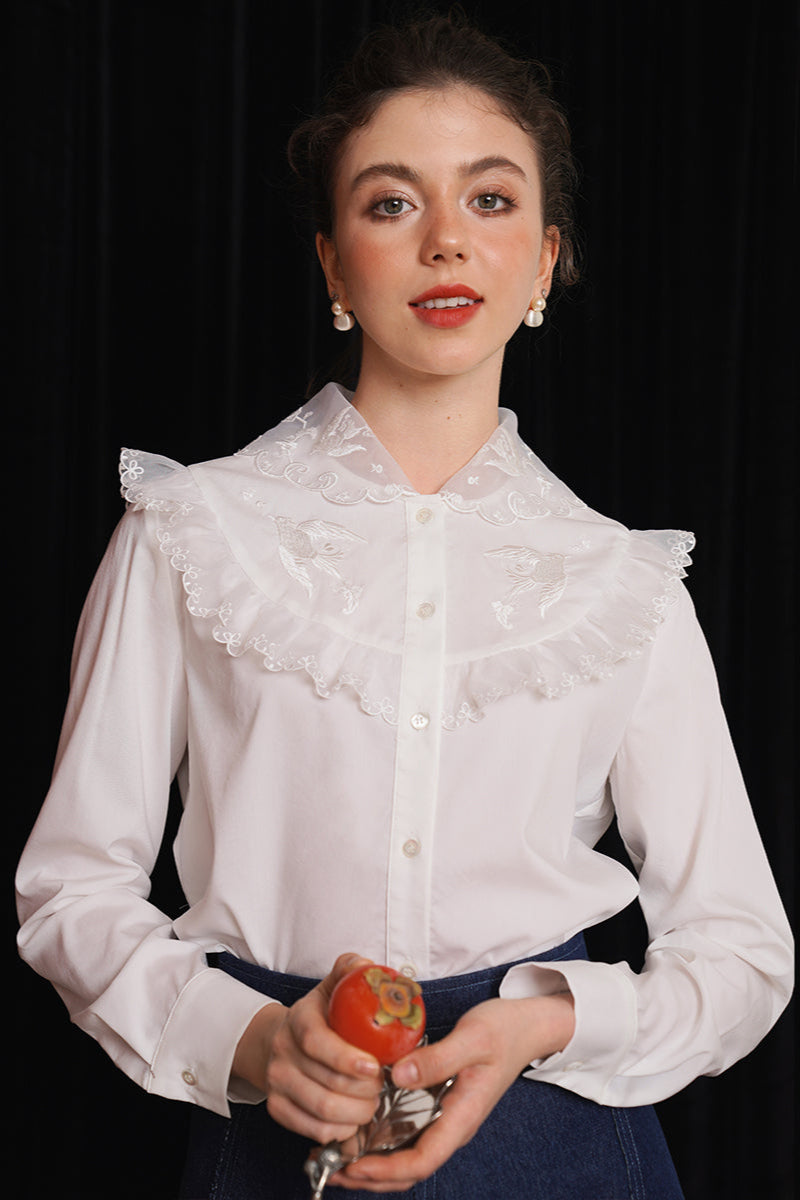 白色蕾絲雙領繡上衣B3755