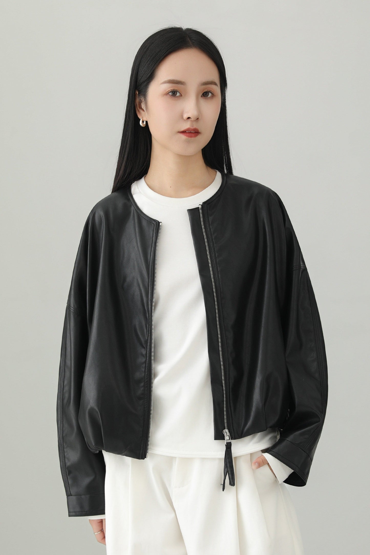 Minimalist PU Leather Cropped Jacket B4657