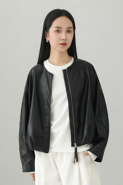 Minimalist PU Leather Cropped Jacket B4657
