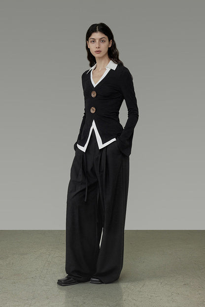 Black Lace-Up Pleated Wide-Leg Pants B4913