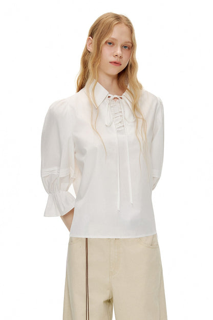 ホワイトランタンスリーブリボンシャツ　B4598