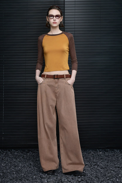 コントラストカラー7分袖スリムTシャツ　B4681