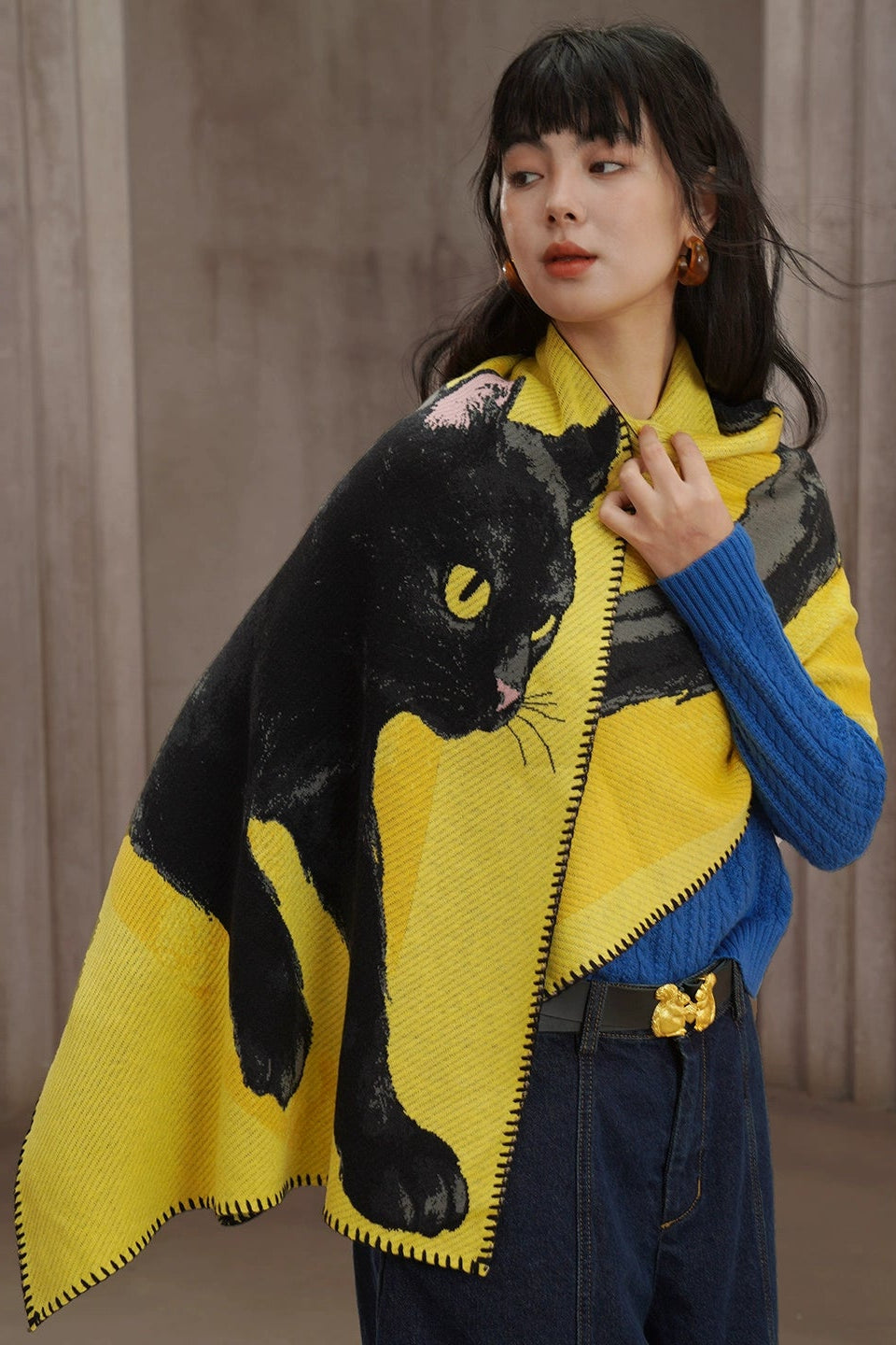 黒猫ニットロングショール　B4452