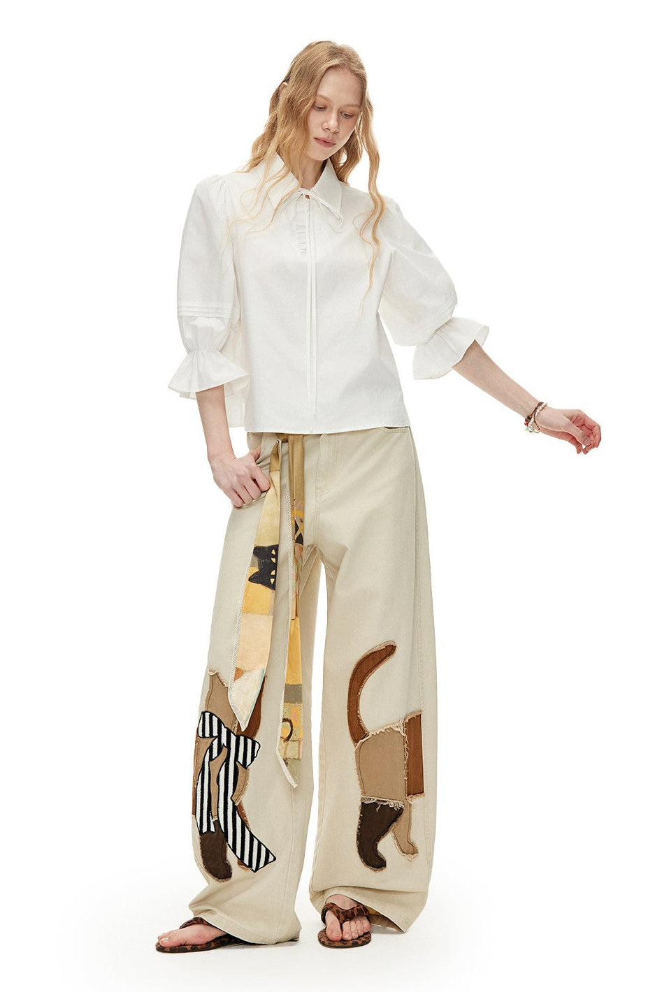 ホワイトランタンスリーブリボンシャツ　B4598