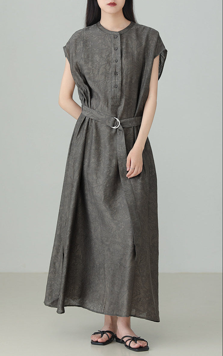 Linen Tencel Jacquard Slit Dress B4895