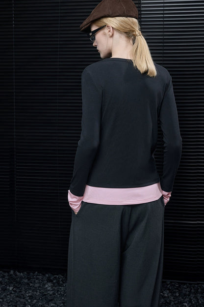 Gray Pink Fake Two-Piece T-Shirt B4551