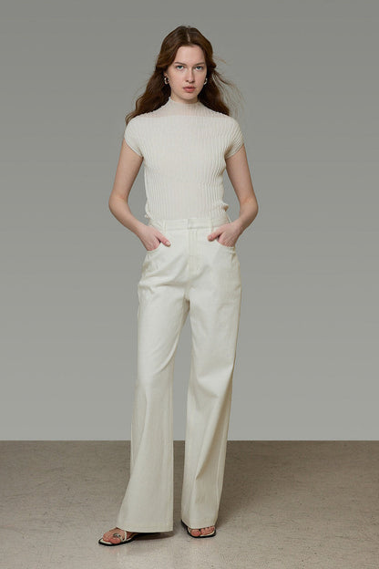 French White Straight Denim Pants B4772