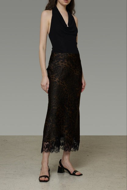 Leopard Lace Hem A-line Long Skirt B4770