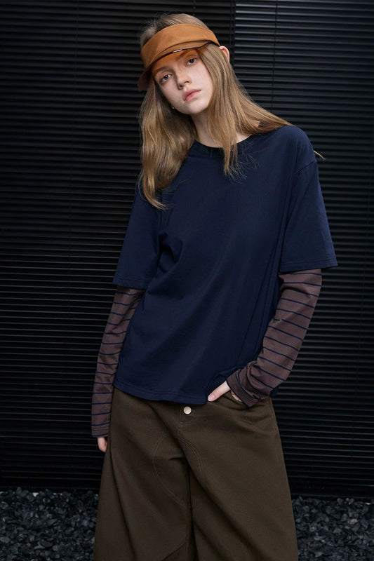 フェイクツーピースカラーブロックストライプTシャツ　B4625