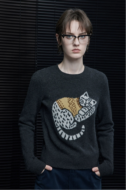 Gray wool cat print sweater B4371