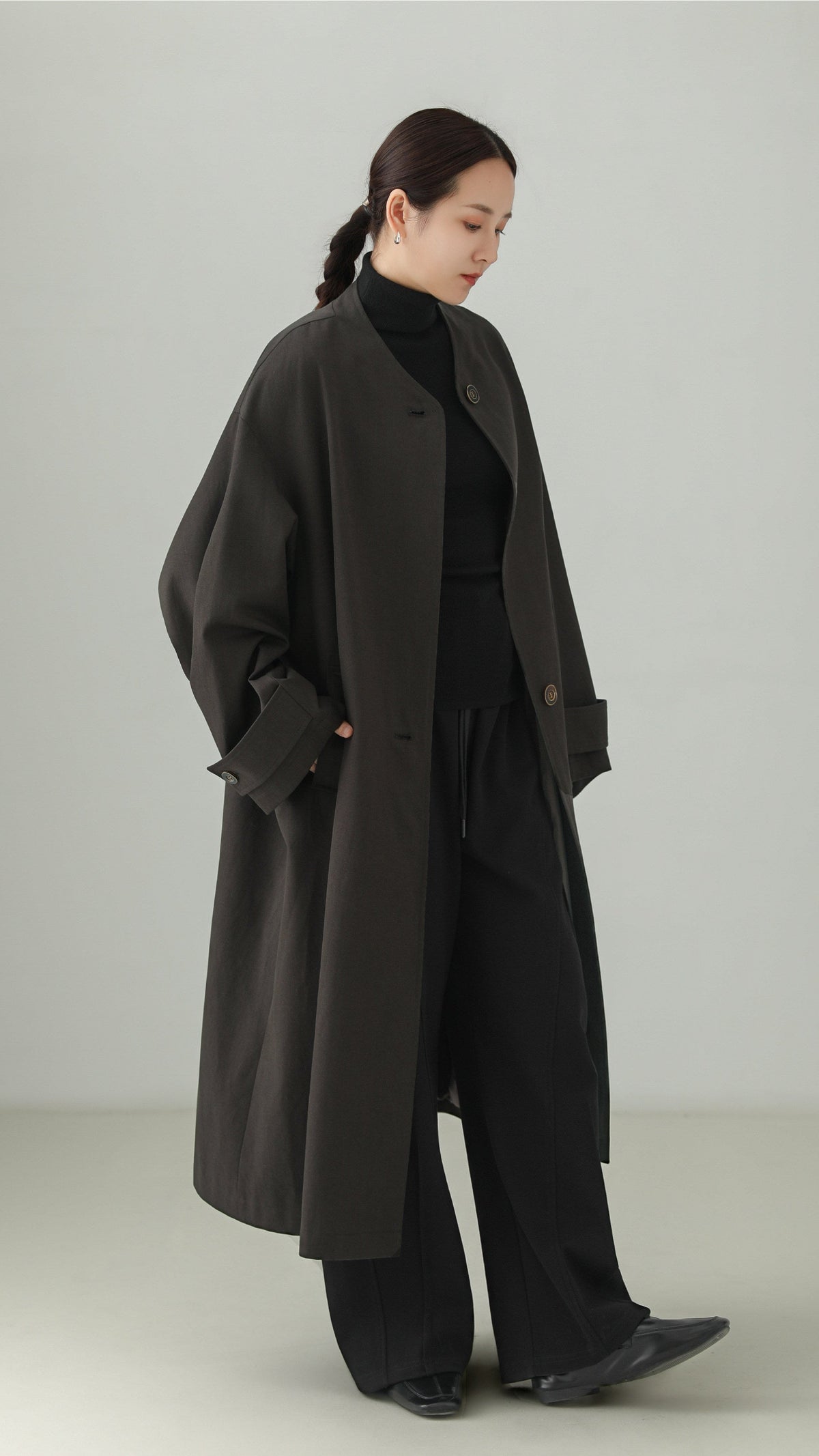 Tencel Cotton No-Collar Long Coat B5009