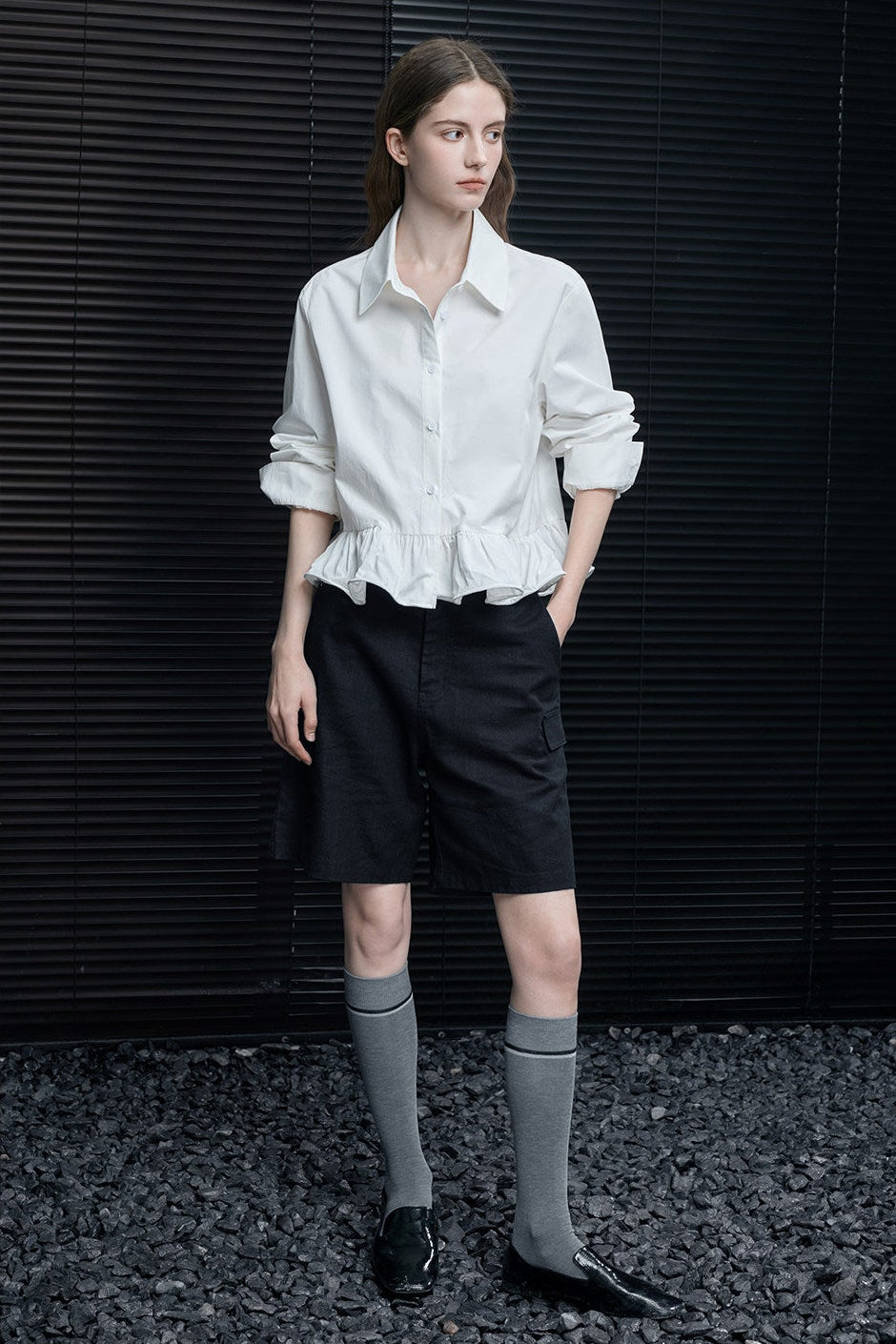 White pure cotton slim waist ruffle shirt B4633