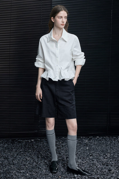 White pure cotton slim waist ruffle shirt B4633