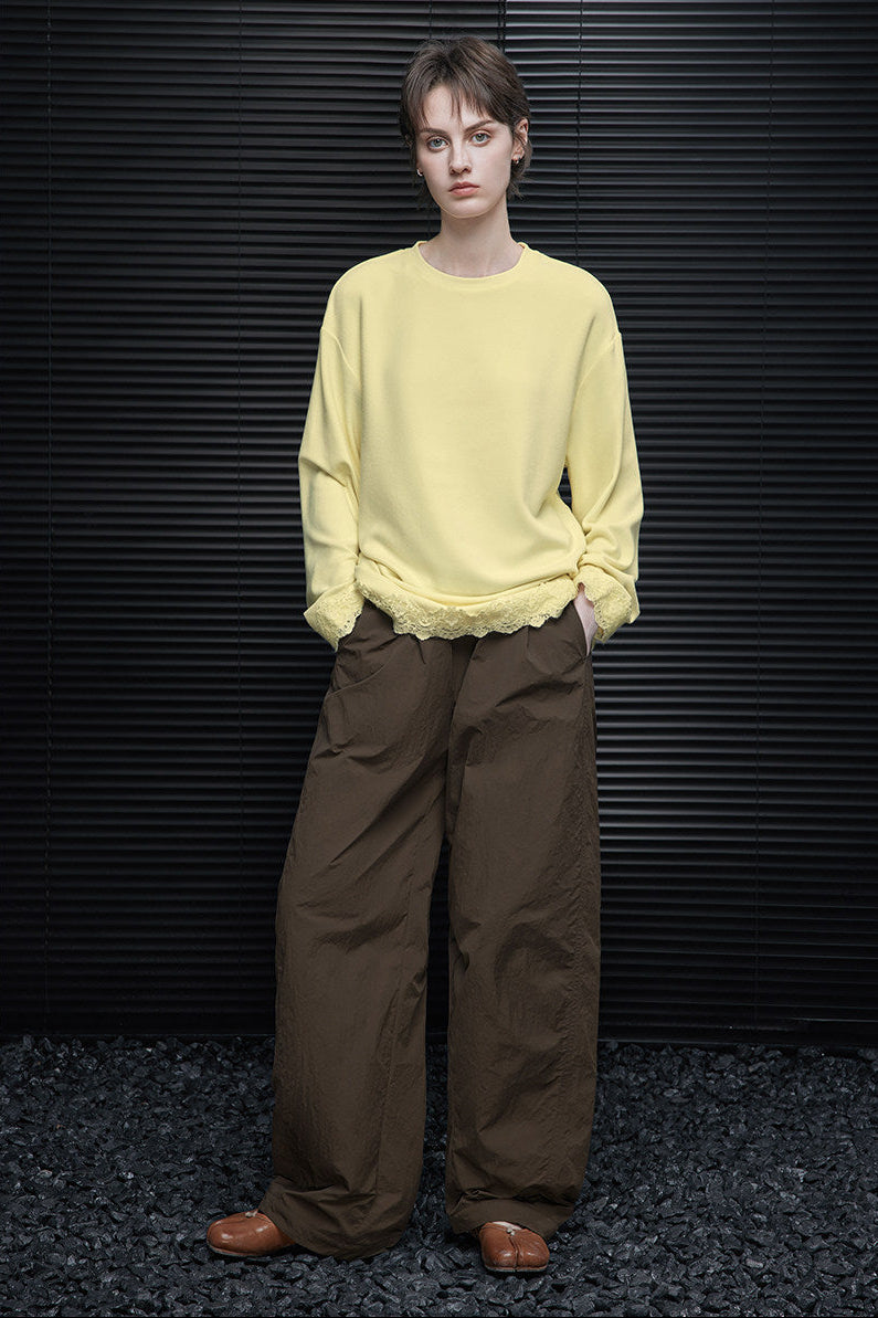 Brown padded wrinkled wide pants B4558