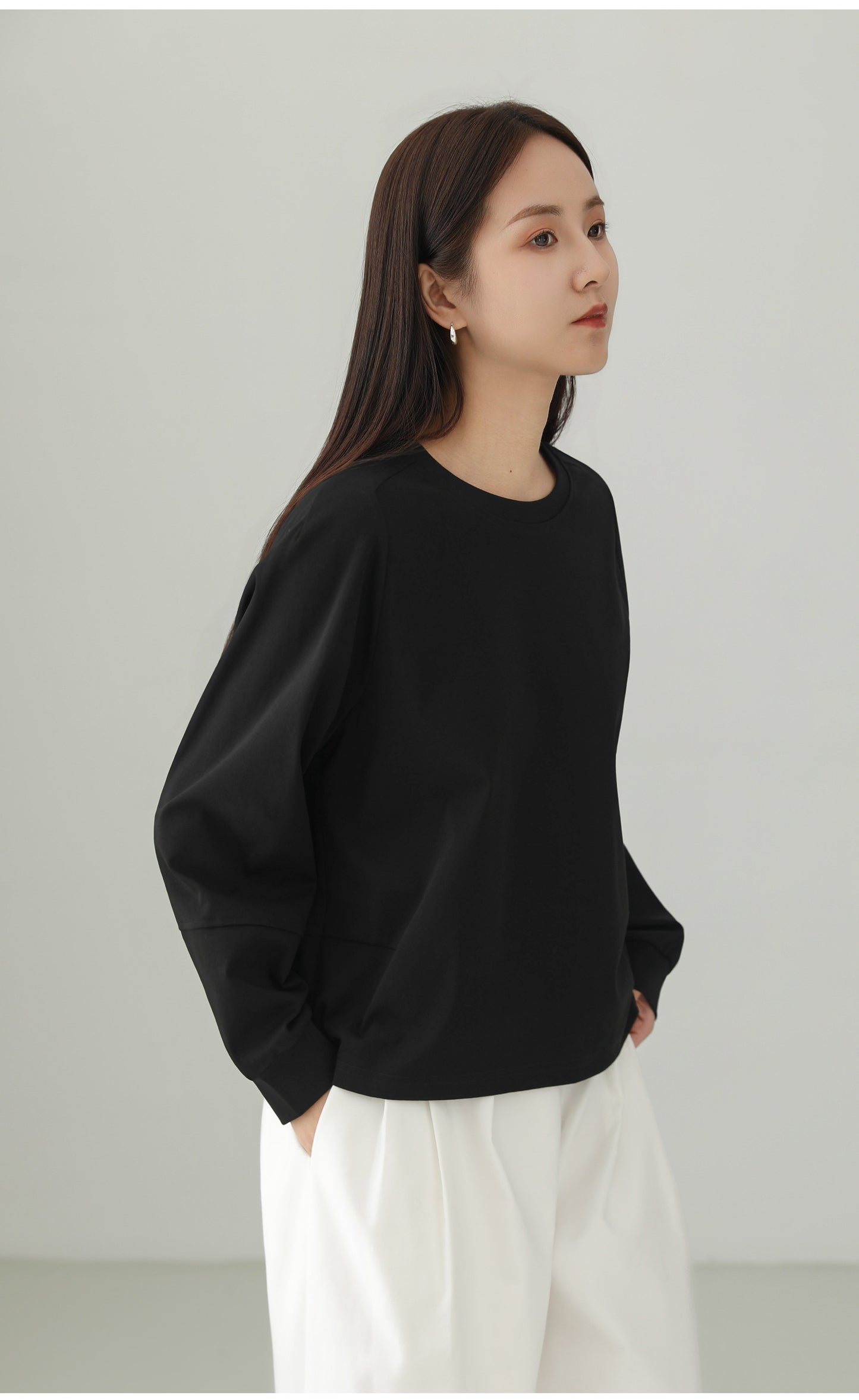 Cotton Stretch Minimal Loose Long Sleeve T-shirt B4727