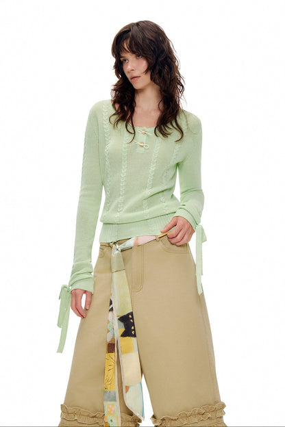 アップルグリーンケーブルニットセーター　B4601