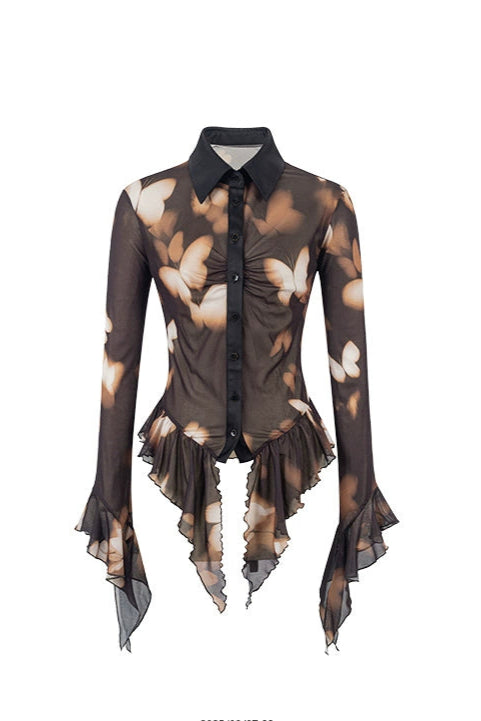 蝴蝶印花腰部荷葉邊襯衫 B4257