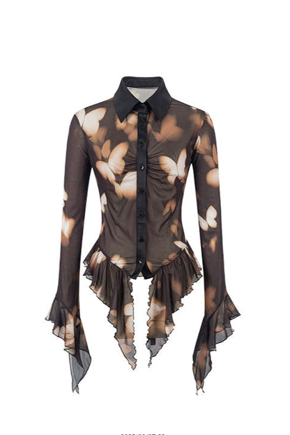 蝴蝶印花腰部荷葉邊襯衫 B4257